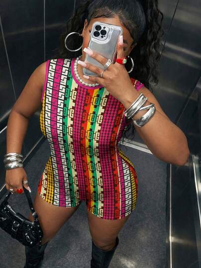 女士多色几何印花无袖露背紧身连体短裤套装，派对夜店性感优雅针织套装，日常穿着