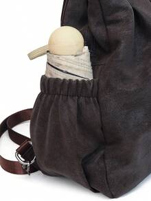 "Brown Faux Leather Ruched Backpack With Metal Ring Handle & Camellia Detail - Casual Daily Commute Bag For Women" - Multicolor - View 10