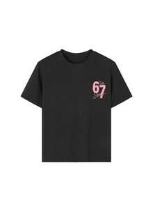 Tween Girl Star Element Six Seven 67 Cartoon Print T-Shirt, Suitable For Girls Outdoor Sports, Casual Wear, Street Style, Campus Style, Fashionable Girls Spring/Summer Versatile Top - Black - View 7