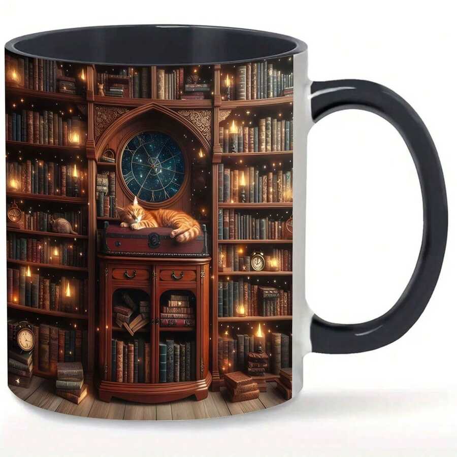[Whimsical Library Mug] Library-Themed Porcelain Mug - 1 Cup Magic With Bookcase, Sleeping Cat & Lanterns  Elegant Coffee Tea Cup For Book Lovers, Birthday, Valentine's, Easter Gifts - Durable Porcelain Construction, Book Lover Gifts, Decorative Kitchenware, Sleek Handle Design, Home Decor, Whimsical Style, Handcrafted Look, Themed Drinkware, Gift Shoppers - 黑色 - 查看 1