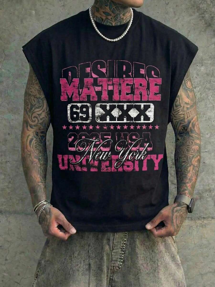 男士 Desire 标语 69 XXX 图案无袖T恤，夏季街头风黑色背心 - 黑色 - 查看 1