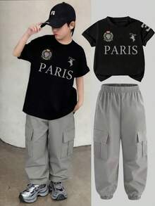 青少年男孩字母印花短袖T恤和工装裤套装 - 黑色 - 查看 1