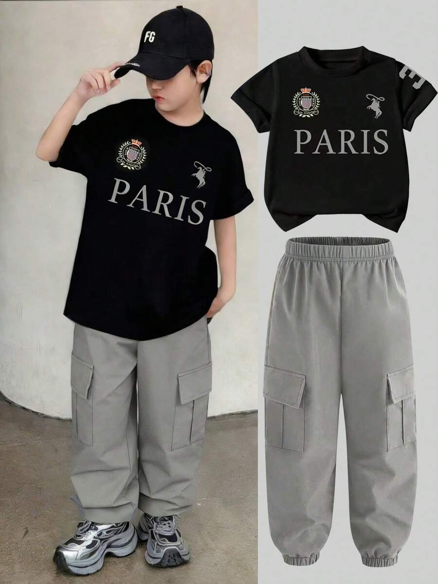 青少年男孩字母印花短袖T恤和工装裤套装 - 黑色 - 查看 1