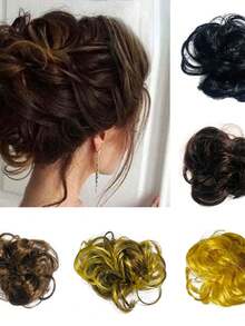 Aplique de Cabelo Para Noiva – Chignon Cacheado Despojado Com Elástico Macio / Extensão Feminina - Coque Castanho Claro - Visão 2