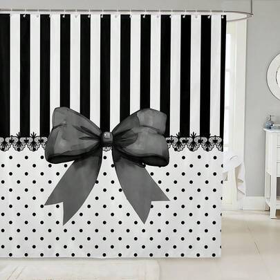 1 enkelt randig prickig duschdraperi med rosett, trendigt duschdraperi med rosett och skarvmönster, lämplig för rumsdekoration, duschdraperi för badrumstillbehör, badkarsdraperi