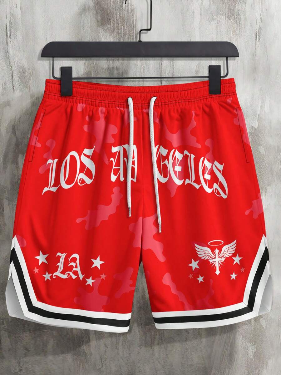 Pantalones cortos deportivos con estampado de letras, cintura con cordón y bolsillos, estilo Y2K para hombres - Rojo - Ver 1