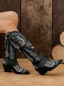 Black Cowgirl Outfits For Women Boots  Knee High Pointed Toe Thick Heels Festival Shoes Fashion Country Concert Combat Boots For Women - 黑色 - 查看 4