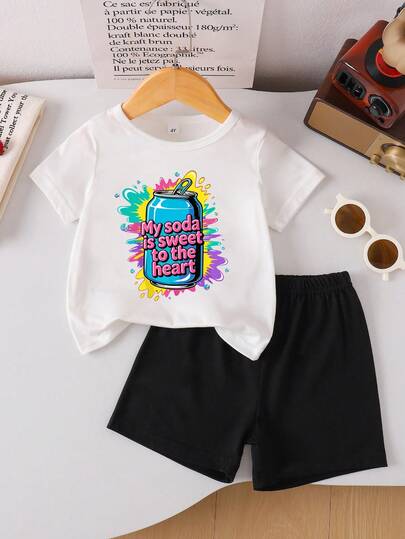 Conjunto de camiseta y pantalones cortos con estampado de letras de lata de soda colorida para niñas jóvenes, primavera/verano