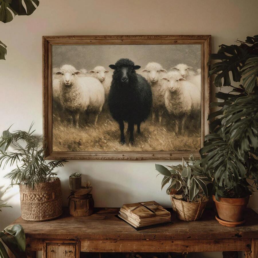 1幅帆布墙画，黑羊油画，乡村农场动物墙饰，忧郁羊群油画，舒适乡村风格墙面装饰，适用于客厅、节日装饰、复活节、春季家居装饰、房间、卧室、起居室、浴室、厨房、餐厅、公寓、办公室 - 羊 - 查看 1