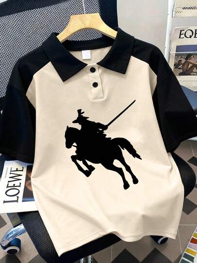 Tween Boys' Short Sleeve Polo Shirt, Gray And Black Contrast Sleeve Cuff Design, Dual-Button Polo Collar, Teddy Bear With Headphones & "NORMAL IS BORING" Graphic Print, Comfortable & Skin-Friendly, Casual & School Wear, Unique & Fun Daily Style