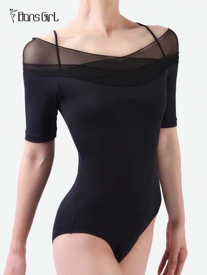 DonsGirl 女士弹力网眼天鹅绒拼接芭蕾舞紧身衣，立领设计 - 适合舞蹈、花样滑冰和舞台表演，也可作为日常连体衣穿着。
