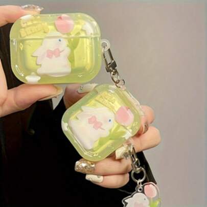 可爱花卉兔子图案保护套，适用于苹果蓝牙耳机，防刮防摔