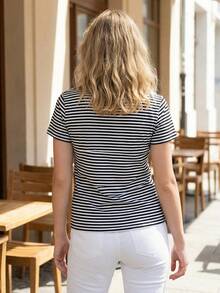 Camiseta para Mujer a Rayas, Cuello Redondo y Manga Corta, para Estilo Callejero Casual de Verano - Negro - Ver 5