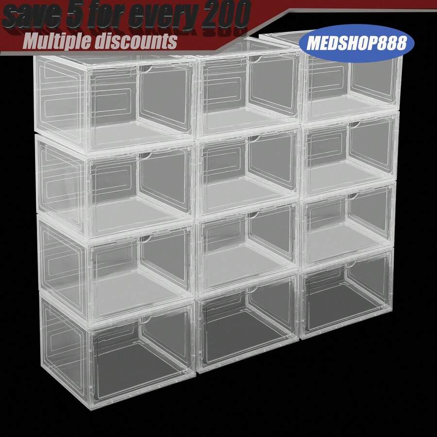 DONSU 12er-Pack durchsichtige, stapelbare Schuhkartons mit Magnetverschluss an der Vorderklappe, robuster PP-Acryl-Schuhaufbewahrungs-Organizer, jeweils 34 x 27 x 22 cm - Transparent - Übersicht 1
