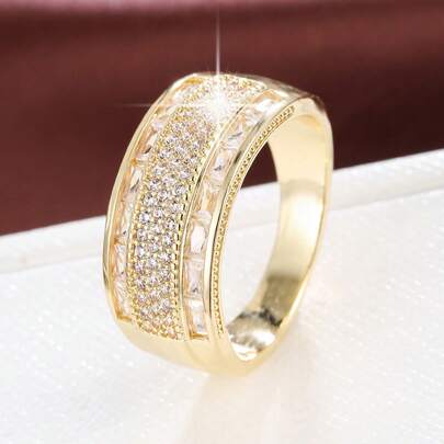 1pc Wide Band Design Cubic Zirconia Inlaid Fashion Ring For Women
