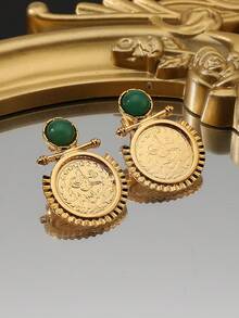 1 对金币耳环，阿拉伯畅销幸运图腾女士绿松石耳钉 - 彩色 - 查看 2