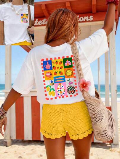 圆领休闲T恤，饰有柠檬、花卉、太阳、草莓和鱼图案，四季皆宜，百搭舒适面料。