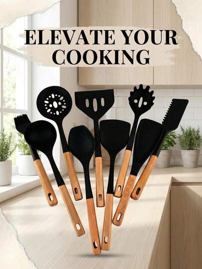 1 Set High-Quality Silicone Kitchen Utensils, Corrosion-Resistant, Heat-Insulating, Easy To Clean. Suitable For Outdoor Barbecue, Camping, Daily Cooking And Baking. Hanging Hole Design For Easy Storage.