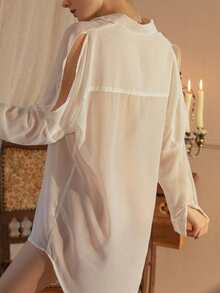 女士性感内衣，男友风薄纱衬衫睡衣，春秋季 - 白色 - 查看 7