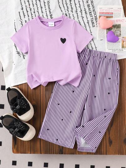 2件套女婴可爱爱心图案纯色圆领短袖T恤+爱心条纹裤套装，夏季