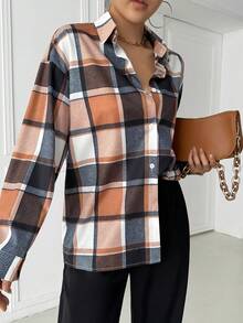 女士格子图案翻领纽扣长袖休闲通勤衬衫 - 彩色 - 查看 9