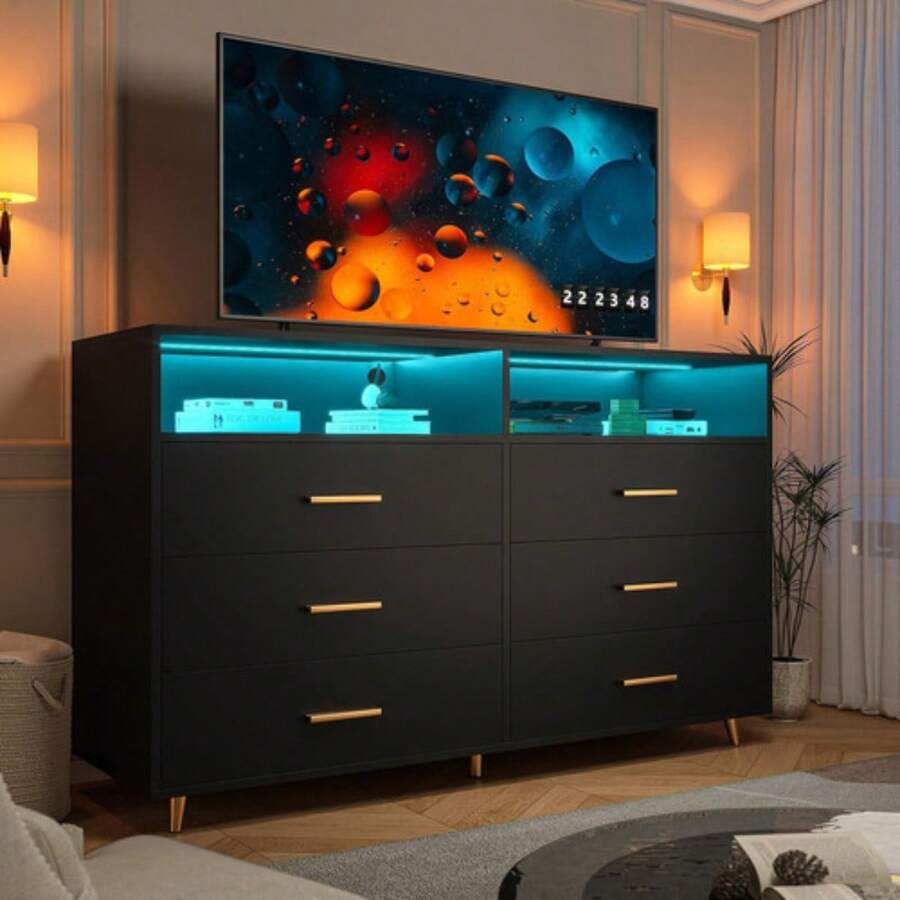 Cómoda Negra Con Luz Led Moderna Para Dormitorio Pequeño - Negro - Ver 1