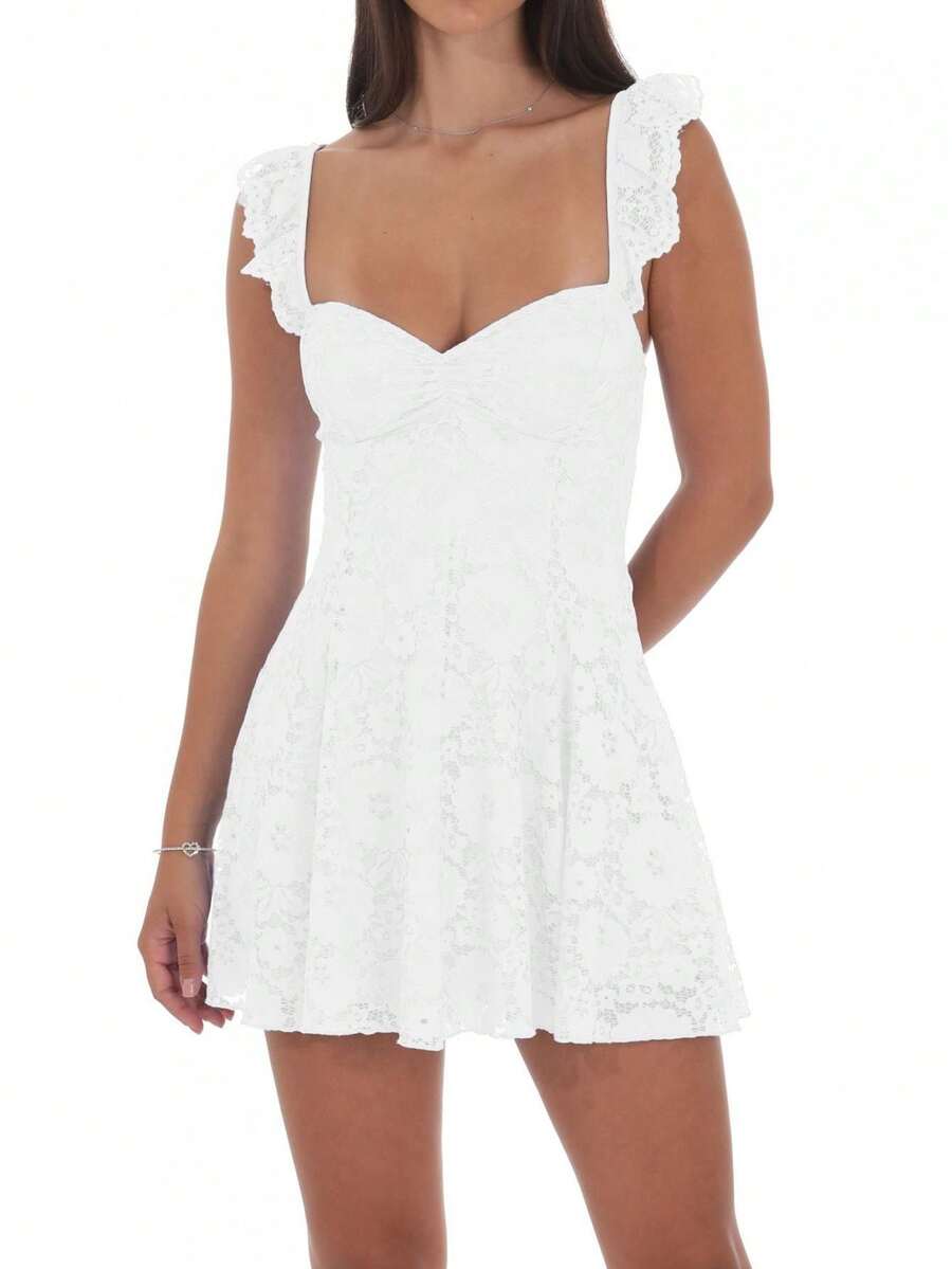 Women's Lace A-Line Mini Dress - Ruffle Strap Backless Lace-Up Sweetheart Neck Casual Party Dress For Summer - 白色 - 查看 1