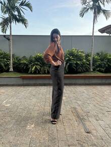 's Tailored Trousers, High-Waisted, Wide-Legged, With Pockets. - Navy Blue - View 6