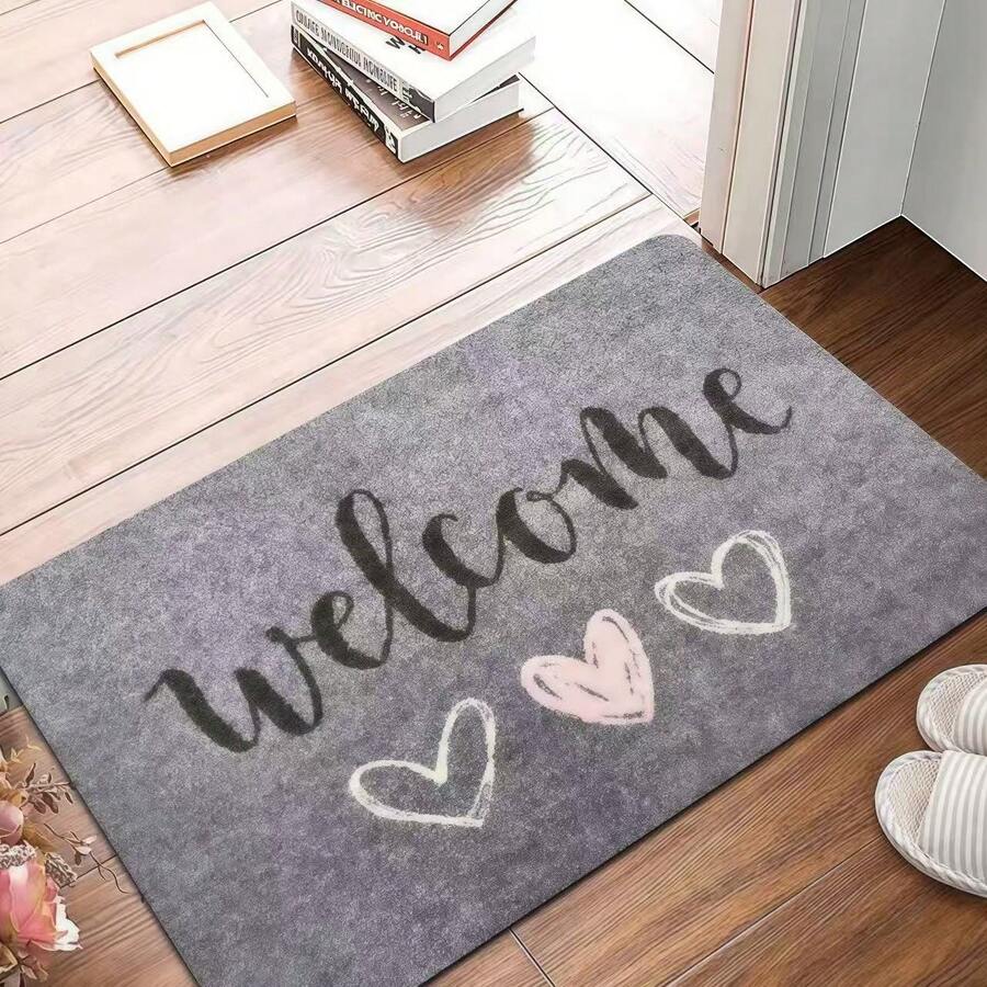 1pc Gray Background "Welcome" Heart Shaped Welcome Mat, Doormat, Small Rug, Entrance Mat, Carpet, Outdoor Doormat, Kitchen Rug, Home Decor, Front Door Mat, Area Small Rug, Outdoor Mat, Home Decor, Area Rug, Garden Carpet, Washable Rug