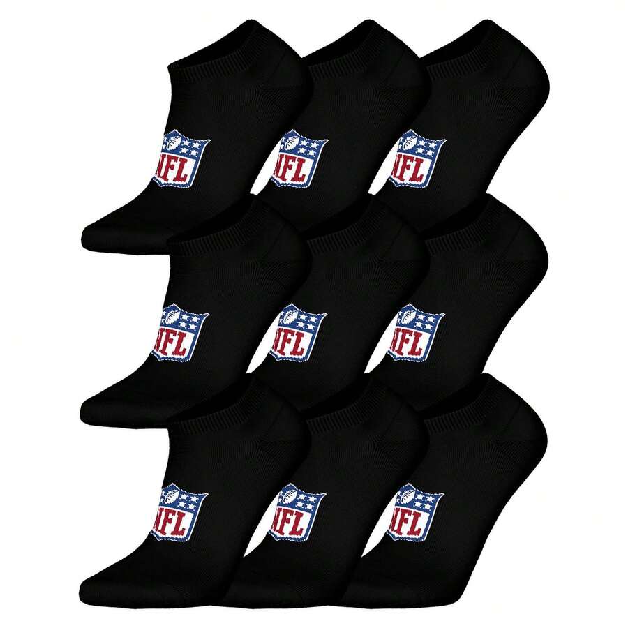Chaussettes unisexes NFL pour baskets, lot de 9 - Chaussettes NFL Shield, logo, mélange de coton - Noir - Voir 1