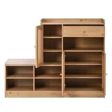 Shoe Cabinet With Upholstered Bench, 3 Woven Rattan Doors And 1 Drawer. Multifunctional Storage Unit With Shoe Rack For The Entryway. Wood Effect. Dimensions: 142 Cm (Width) X 35 Cm (Depth) X 110 Cm (Height). - Wood Color - View 5