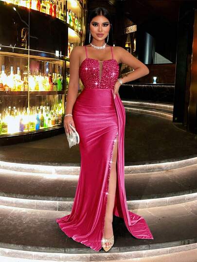 CHOSMO 闪亮基础款绷带优雅派对成熟浪漫极简亮片露背亮片拼接吊带女式大码鸡尾酒礼服