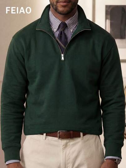 Men's Retro Vintage Coin Style Collar Zipper Solid Color Fleece Quarter Zip Sweatshirt, Casual Versatile, Long Sleeve Top For Autumn/Winter