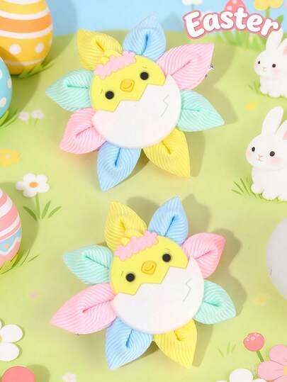 2pcs Easter Cute Rabbit/Chick Egg Hair Clips, Flower Shaped Macaron Color Hair Clips, Easter Theme Party Hair Clips, Girls Gift Hair Clips, Girls & Teens Hair Accessories