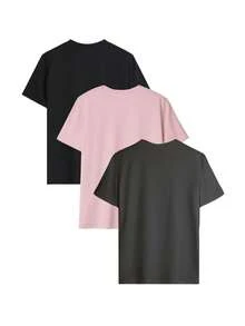 Set Of 3 Women's Short-Sleeved, Crew-Neck T-Shirts In  Solid Colors, Suitable For Everyday Wear. Includes A White T-Shirt, A Black T-Shirt, And A Pink T-Shirt. - 多色 10 - 查看 3