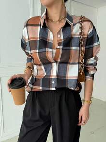 女士格子图案翻领纽扣长袖休闲通勤衬衫 - 彩色 - 查看 1