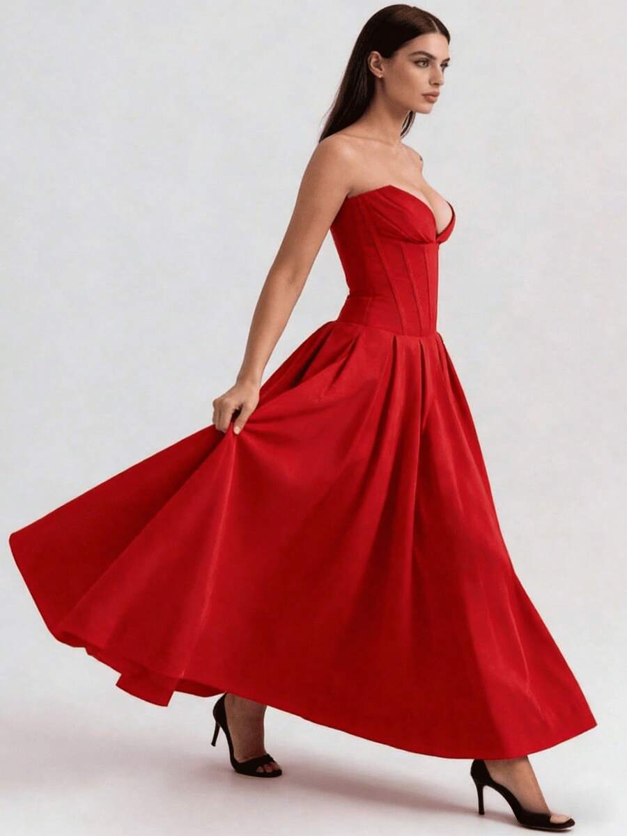 Boned Bustier High-Waisted Solid Color Mid-Length Dress - Red - View 1