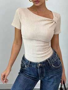 Women's Elegant Ribbed Short Sleeve Standard Length Sweater Top, Unique Neckline Design - New Apricot - View 3