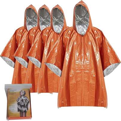 4pcs Emergency Heat-Resistant Rain Poncho - Waterproof & Heat-Insulating, Aluminum Foil Lining | Reversible, Orange & Olive Green | Lightweight Portable Survival Gear, Suitable For Camping, Hiking, Backpacking And Emergency Preparedness