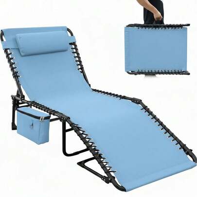 Silla Plegable Exterior Chaise Lounge Cama para Bronceado, 5 Posiciones Ajustable, con Almohada Removible, Asa y Bolsillo - Ideal para Playa, Piscina, Jardín, Terraza, Camping