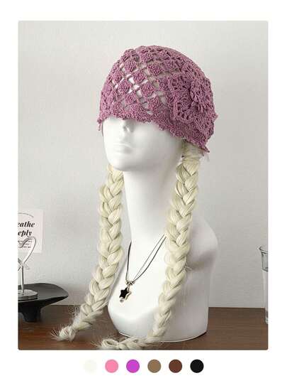 1pc Black Label With Sequin Lettering, Handmade Crochet Hollow-Out Sequin Beanie Hat, Fashionable Retro Versatile Lightweight Breathable Knit Cap For Women, Spring/Summer