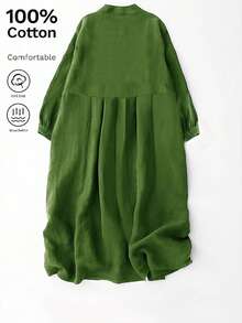 女士春秋季亚麻绿色七分袖睡袍，艺术复古风宽松休闲长款睡袍 - 淺綠色 - 查看 4