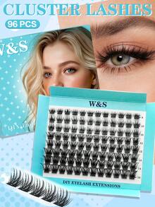 Waloshow 8 Rows 96pcs Mixed Segment Fluffy Blue Paper Box Densely Curled 3D Voluminous Single Cluster False Eyelashes Pre-Curled Fan Customized Crimped Natural False Eyelashes For Eye Extension - Black - View 2