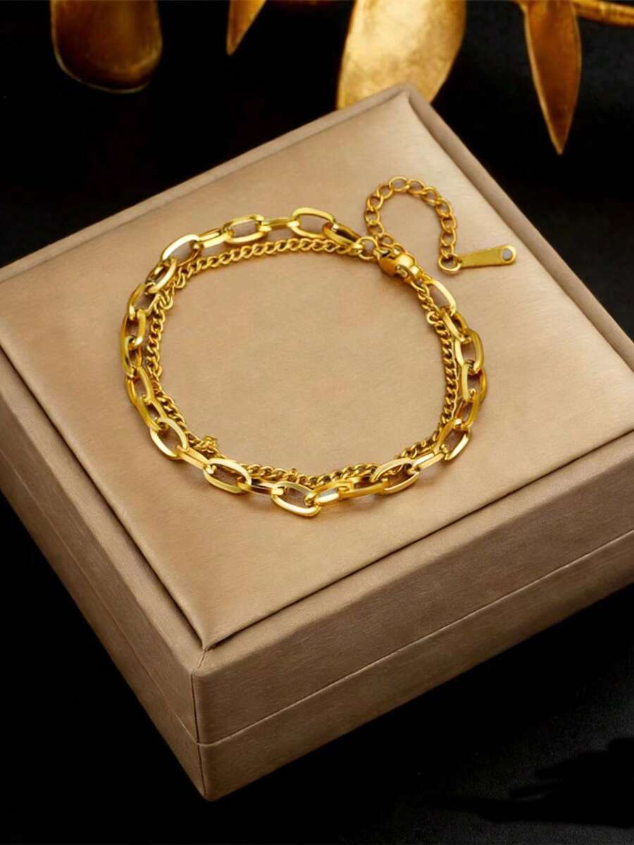 1 chiếc vòng tay kiểu hip-hop tối giản bằng thép không gỉ, thiết kế hai lớp, phù hợp để đeo hàng ngày. - Vàng - Xem 1
