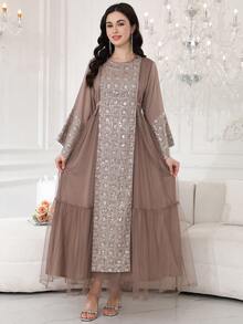 2026 New Style Ramadan Traditional Elegant Embroidered Beaded Abaya Dress, Long Sleeve Round Neck Luxury Creative Fashion - Coffee Brown - View 2