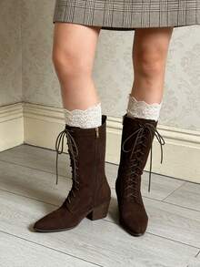 Women's Retro Pointed Toe Boots Suede Block Chunky Heels Side Zipper Lace-Up Casual Party Dress Fall Vintage Mid Calf Boots Woman - Da lộn màu nâu - Xem 10
