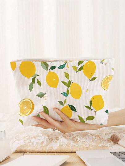 Lemon Fruit Print Corduroy Cosmetic Bag - Lightweight Zipper Storage Pouch, Suitable For Cosmetics, Toiletries, Unisex,Summer Travel And Vacation Makeup Bag/Toiletry Bag,Single-Sided Printing, Pattern Cutting Is Random.
