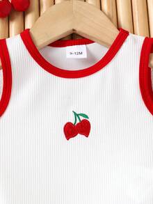 Bộ 2 món cho bé gái gồm áo tank top không tay cổ tròn thêu hình quả anh đào và quần dài thoải mái, thích hợp cho mùa hè. - Đỏ - Xem 3