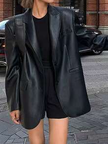 女士新款宽松复古经典PU皮西装外套，街头风，适合春、秋、冬三季穿着。这款高品质西装外套采用尖领设计和后摆开衩，尽显奢华质感。它是一款百搭独特的单品，适合各种场合，例如派对、舞台表演、圣诞节、约会、婚礼等。也适合女性在假期、春季、情人节、狂欢节、海滩、派对、婚礼、生日等场合穿着。 - 黑色 - 查看 4
