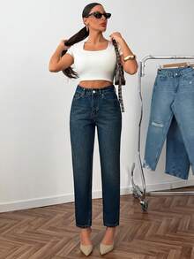 High Waist Plain Casual Comfortable Denim Pocket Zipper Button Jeans - Blue - View 5